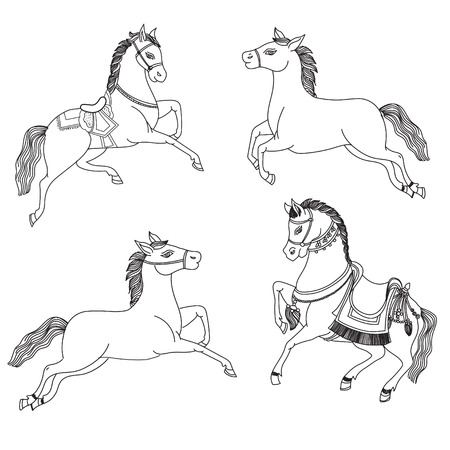 Running Horse Vector On A White Background. Outline Drawing Horses. Arabian Horses In Native Costume. Indian Totem Tattoo Design. Hand Drawn Picture. Running Horse Tattoo. Hand Drawn Horse Sketch.のイラスト素材