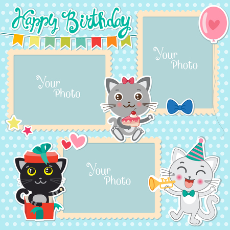 Birthday Photo Frames With Cute Cats. Decorative Template For Baby, Family Or Memories. Scrapbook Vector Illustration. Birthday Children's Photo Framework. Photo Frames Making At Home.のイラスト素材