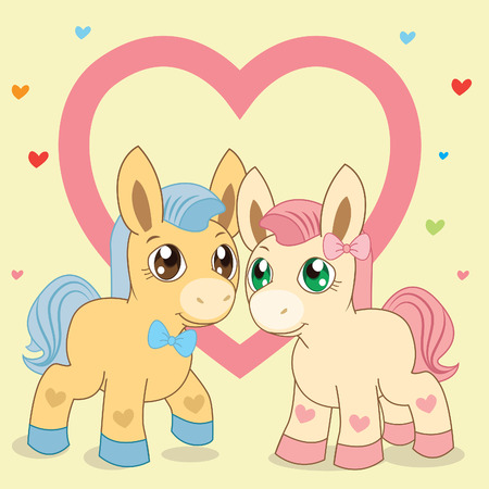 Two Ponies. Favorite Ponies. Lovely Pony. Vector Pony. Pony And Heart. Blue Pony. Pink Pony. Fabulous Pony. Vector Horses. The Picture On A Beige Background. Blue Mane. Pink Mane. Vector Handsome.のイラスト素材