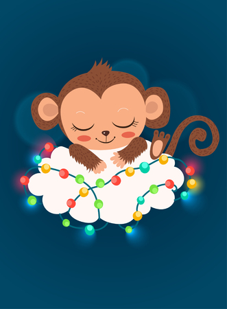 Cute Baby Monkey And Garlands. Cartoon Vector Happy New Year Card. Baby Monkey For Sale. Sleeping Monkey. Baby Monkey Doll. Baby Monkey Toy. Baby Monkey Costume. Baby Monkey Picture.のイラスト素材