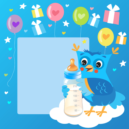 Cute Owlet With Milk Bottle. Welcome Baby Boy Card. Vector Illustration. Cute Owl Drawings. Cute Owl Cartoon. Cute Owl Picture For Kids. Welcome Baby Card Ideas. Baby Boy Card Design.のイラスト素材