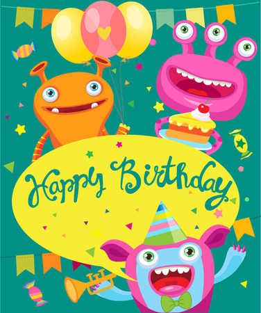 Monster Party Invitation Card Design. Vector Cartoon Illustration. Funny Birthday Greeting Card, Invitation, Poster, Background Vector Template.のイラスト素材