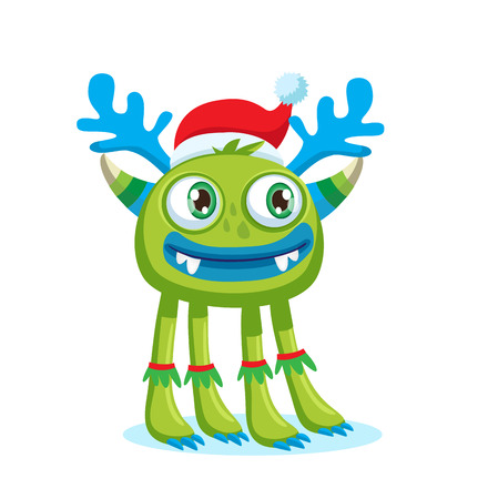 Green Christmas Monster Vector. Holiday Cartoon Mascot. Isolated On White Background. Merry Christmas, Happy New Year Congratulation Decoration Design Element. Good For Xmas Card, Banner.のイラスト素材