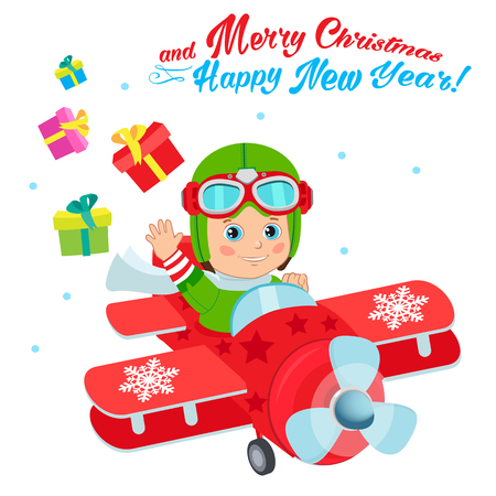 Christmas Santa Helper Boy Cartoon Character. Cute Boy Pilot Flies On A Airplane And Deliver Christmas Gifts. Design For New Year Holiday Theme. Boy Pilot Costume. Baby Boy Pilot Hat.のイラスト素材