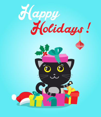 Cat Cartoon Character For Christmas Vector Cards And Banners. Funny Kitty With Gifts And Christmas Ball In Flat Style. Happy Holidays Postcard Design. Funny Cat.のイラスト素材