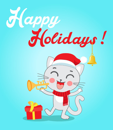 Cat Cartoon Character For Christmas Vector Cards And Banners. Funny Kitty With Trumpet And Christmas Hat In Flat Style. Happy Holidays Postcard Design. Funny Cat.のイラスト素材