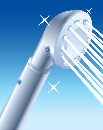 Closeup Of Water Flowing Out Of Shower Head, Vector Illustration. Shower Head Adapter. Shower Head Cleaning. Hand Held Shower Head. Shower Head Leaking. Shower Head Led. Purity, Hygiene, Freshness.のイラスト素材