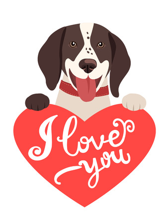 Lovely Dog With Heart And Text I Love You. Greeting Card With Cute Animals. Design Element Valentines Day. Love Concept Vector Image. My Feelings.のイラスト素材