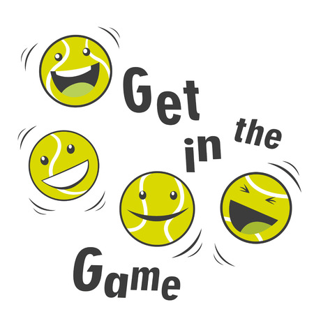 Bouncing Tennis Balls And Text Get In The Game. Cartoon Vector Character. Sports Tennis Theme. Tennis Mascot.のイラスト素材