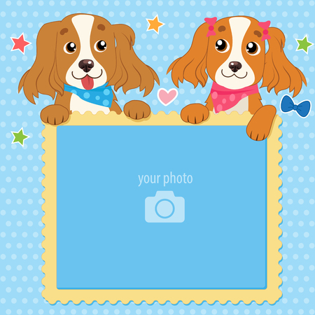 Decorative Template For Baby, Family Or Memories. Two Shaggy Dogs With Vector Photo Frame. Children'S Photo Framework. Isolated Object For Design Element. Scrapbook Vector Illustration.のイラスト素材