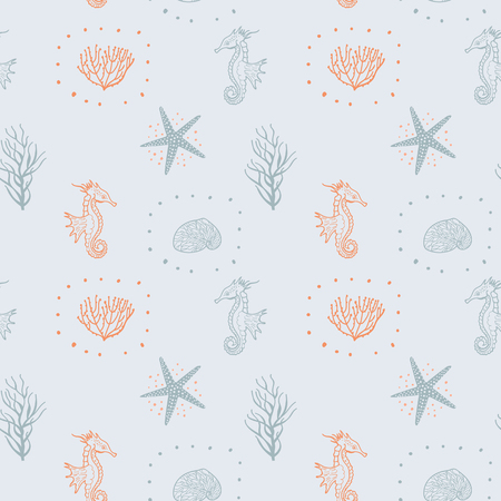 Seamless Pattern With Seashells, Starfish And Sea Horse. Decorative Sea Seamless Pattern Vector. Hand Drawing Doodle Marine Background. Seamless For Fabric Design, Gift Wrapping Paper And Printing.のイラスト素材