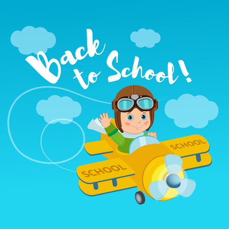 Flight Of Imagination. Welcome Back To School Vector Illustration. Banner Education Concept. Little Pilot Kid On Airplane.のイラスト素材