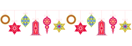 Christmas Horizontal Seamless Background. New Year Decorations Vector. Vintage Colorful Hanging Christmas Balls Garlands, Stars, Birds, Bells and Trees.のイラスト素材