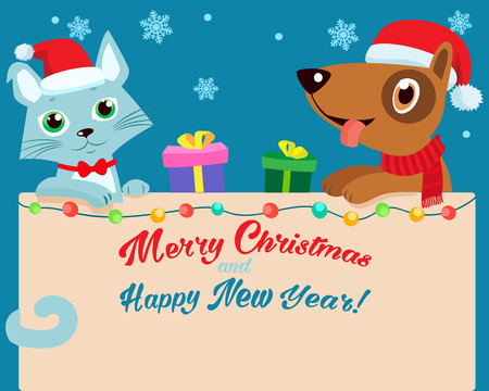 Christmas Eve. Happy Cartoon Cat And Dog Friendship With Santa Hat Vector. Cartoon Vector Illustration Holiday Winter Background. Cat And Dog Holding Christmas Text Banner.のイラスト素材