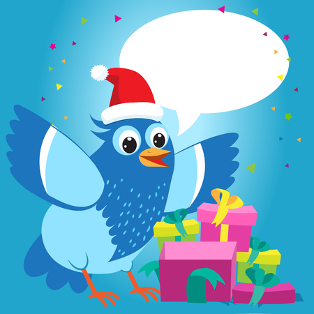 Nice Talking With You. Merry Christmas Card With Cartoon Blue Bird Vector. Christmas Presents Gift Vector. Bird With Christmas Hat.のイラスト素材