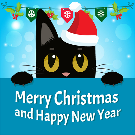 Timid Cat. Happy New Year Card With Cat Vector. Christmas Kitty With Red Santa Hat. Christmas Vector With Cute Black Feline. Holiday Cartoon Greeting Card.のイラスト素材
