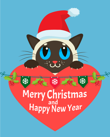 A Cat In Love. Happy New Year Card Christmas Kitty With Red Santa Hat. Vector With Cute Cat. Holiday Cartoon Greeting Card. Siamese Cat.のイラスト素材