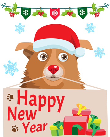 Unconditional Love. Funny Cartoon Dog With Santa Hat, Gift And Space For Your Christmas Text Vector Banner. Your Dog Loves You.のイラスト素材