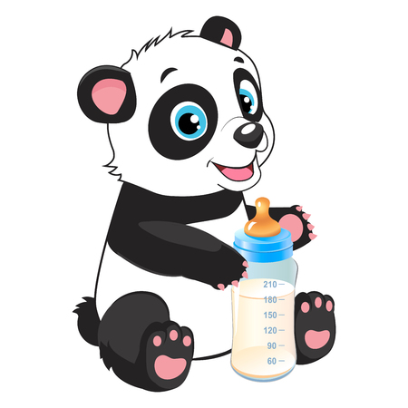 Cute Baby Panda With Feeding Bottle Cartoon Vector Character. Panda Bear Costume. Baby Feed Theme.のイラスト素材