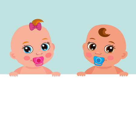 Cute Baby Girl And Boy With Blank Banner Vector Illustration. Cartoon Baby Image. Little Baby Girl And Boy Holding Banner Board.のイラスト素材