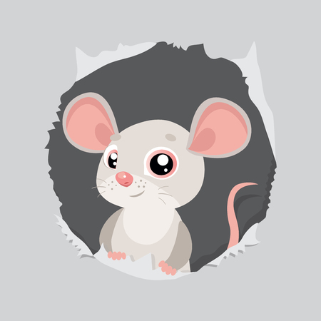 Funny Mouse Looking Out Of Hole In Paper Vector Illustration. Funny Animal Cartoon Character. Cute Cartoon Rat  Vector.のイラスト素材