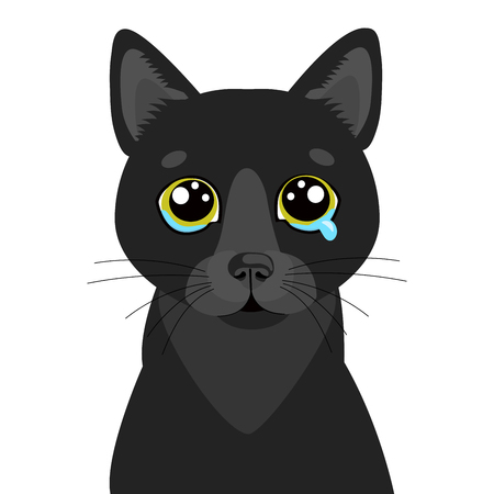 Sad Black Cat Vector Icon. Illustration Of Cute Sad Animal. Drear Crying Black Cat Vector. Crying Cat Emoji. When You Depressed. Flat Design Style, White Background, Isolated.のイラスト素材