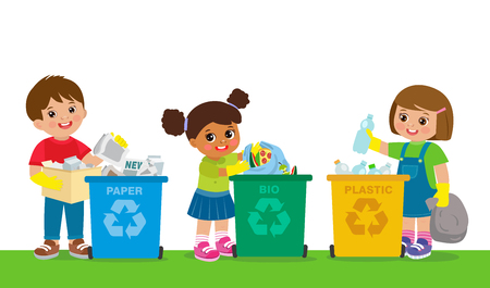 Kids Collect Garbage For Recycling. Save The World. Boy And Girl Separation Recycling Bin With Organic, Paper, Plastic Vector Illustration Set.のイラスト素材