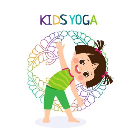 Kid Yoga Design Concept. Girl In Yoga Position Vector Illustration. Happy Cartoon Children Practicing Yoga.のイラスト素材