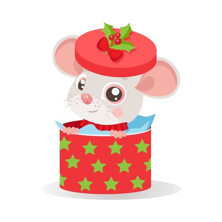 Funny Mouse In Santa Hat Sitting In Red Gift Present Box With Decorations And New Year Star. White Background Vector Illustration. Cartoon Christmas Animal Card. Year Of The Rat.のイラスト素材