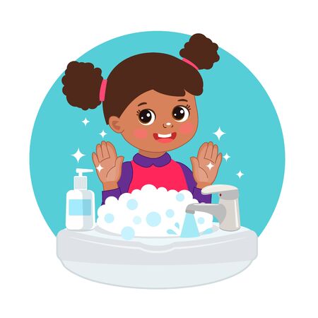 Cute Young afro american Girl washing hands in the sink illustration. Vector illustration Of Washing Hands with Antibacterial hand sanitizer, in cartoon flat illustration vector isolated in white background.のイラスト素材