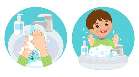 Dirty Hands, Clear Hands, Before And After. Hand Hygiene Vector Icons In The Circle. Wash You Hands Banner For Kids. Boy Washing Hands In The Sink. Vector Illustration Of Washing Hands With Soap.のイラスト素材