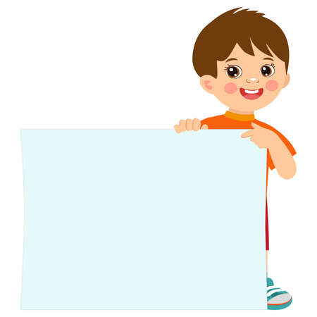 Cartoon boy holding empty blank board with space for text vector illustration. Happy kid holding white horizontal board.のイラスト素材
