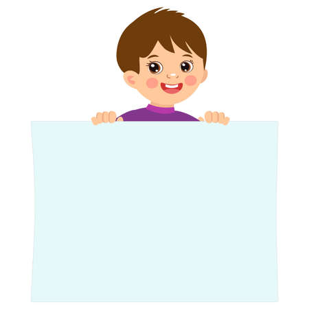 Cartoon boy holding empty blank board with space for text vector illustration. Happy kid holding white horizontal board.のイラスト素材
