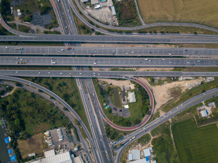 Aerial view of intersecting highwaysの写真素材