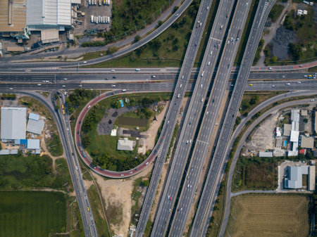 Aerial view of intersecting highwaysの写真素材