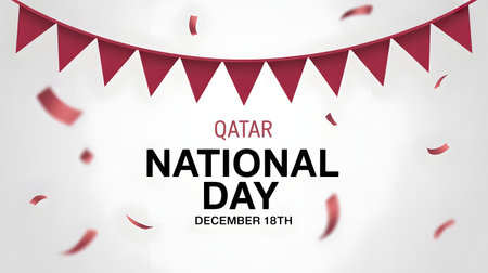 Qatar national day banner featuring red triangular bunting flags and festive confetti, celebrating december 18th with patriotic spiritの素材