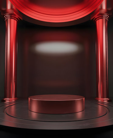 Red metallic cylindrical podium stage with classical pillars and an arch, dramatically lit against a dark background for product showcaseの素材