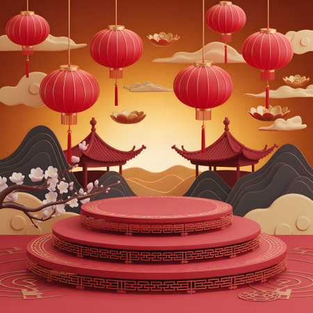 Vibrant chinese new year scene featuring traditional red lanterns, temples, cherry blossoms, and a tiered podium, ideal for festive product displayの素材