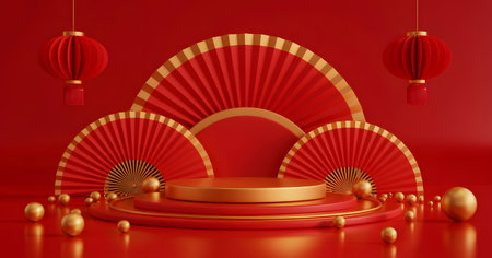 3d render of Chinese New Year background with podium and paper fansの素材