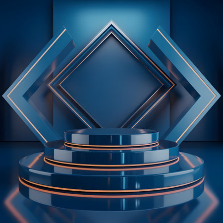 Futuristic blue product display podium with glowing orange accents and geometric frame, ideal for showcasing new products or virtual eventsの素材