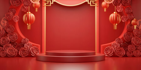 Festive red chinese new year stage with traditional lanterns and elegant rose decorations, a vibrant podium for product display or celebrationの素材