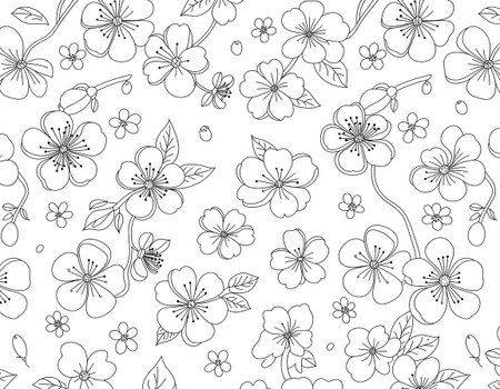 Seamless pattern of delicate handdrawn cherry blossoms, creating an elegant floral background with intricate details, isolated on whiteの素材