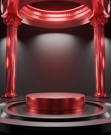 Elegant red cylindrical podium with classic columns and illuminated dome, perfect for product display or abstract presentation on a dark backgroundの素材