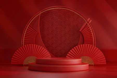 Elegant red podium stage with traditional chinese fans and textured arch background, perfect for product display, festive celebrations, or cultural events like chinese new year promotionsの素材