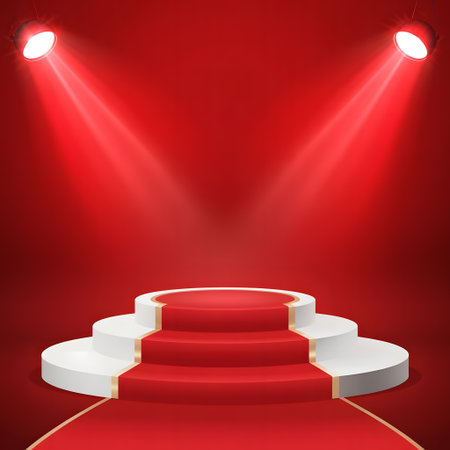 Red stage with a circular podium and a grand red carpet, brilliantly illuminated by two spotlights, creating an elegant setting for awardsの素材