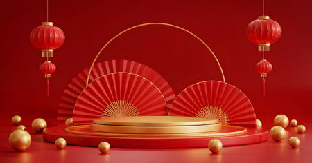 Festive red and gold display podium with traditional chinese lanterns and paper fans, perfect for product presentation or new year celebrationの素材