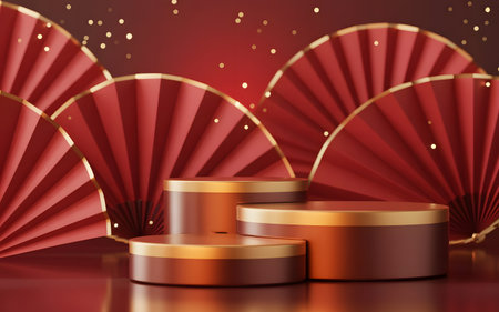 Vibrant red and gold product display podiums with traditional asian paper fans and sparkling confetti, celebrating festive occasionsの素材