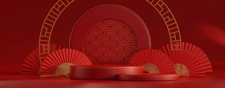 Red podium stage with traditional chinese new year elements, including fans and patterned backdrop, for product display or festive celebrationの素材