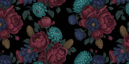 Seamless dark floral pattern with vintage deep red peonies, teal chrysanthemums, and blue blossoms on black, for an opulent and gothic aestheticの素材