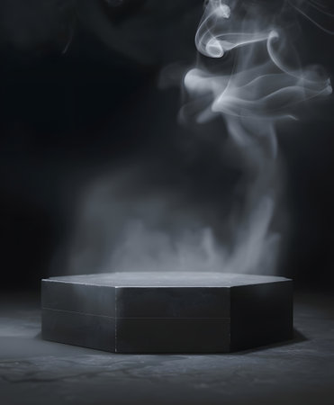 A dark, mysterious hexagonal pedestal with swirling smoke, creating a dramatic and atmospheric scene, perfect for product display or abstract ideaの素材